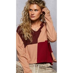 POL Patchwork Long Sleeve Top Raw Hem Distressed Earth Tones Size S ptp 24